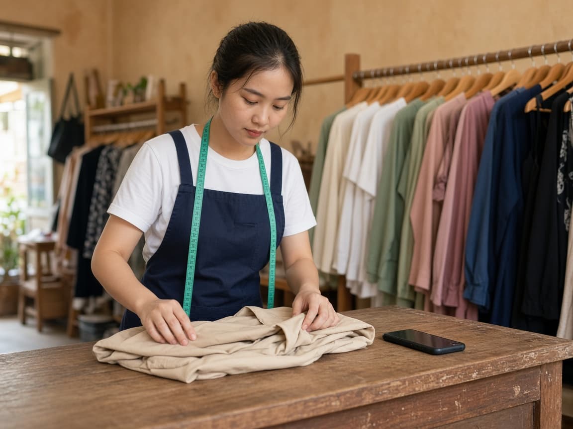 Chủ cửa hàng xếp áo trên bàn gỗ, điện thoại nằm cạnh, giá quần áo phía sau.