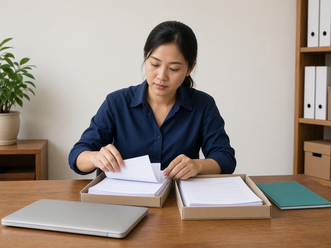 Người làm việc cạnh chồng phiếu và màn hình trong kho nhỏ.