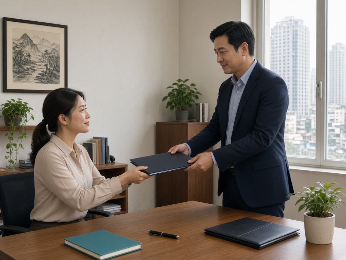 Người đang làm việc với giấy tờ trong một không gian dịch vụ.