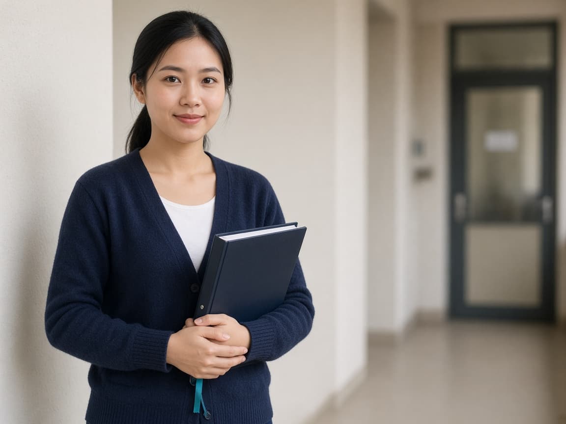 Nhân viên đứng trong hành lang, ôm một cặp hồ sơ.
