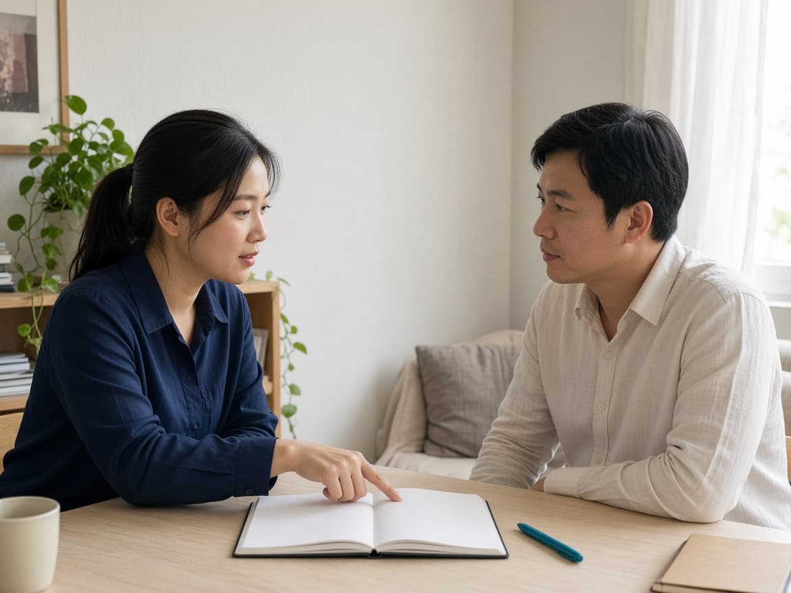 Hai người ngồi bàn, xem giấy và trao đổi cách làm.
